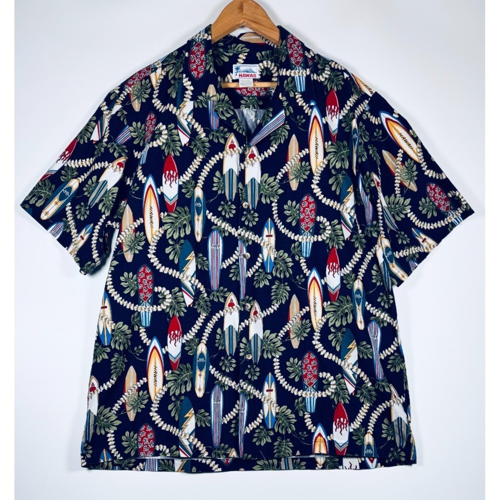Vintage Hawaii Aloha Shirt Mens XL Blue Surfboards Hawaiian Camp Made in USA